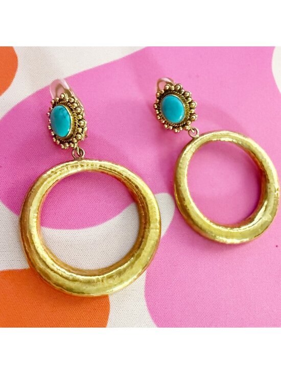 Jewelry - Oversized Clip-On Gold Tone Turquoise Fashion Earrings